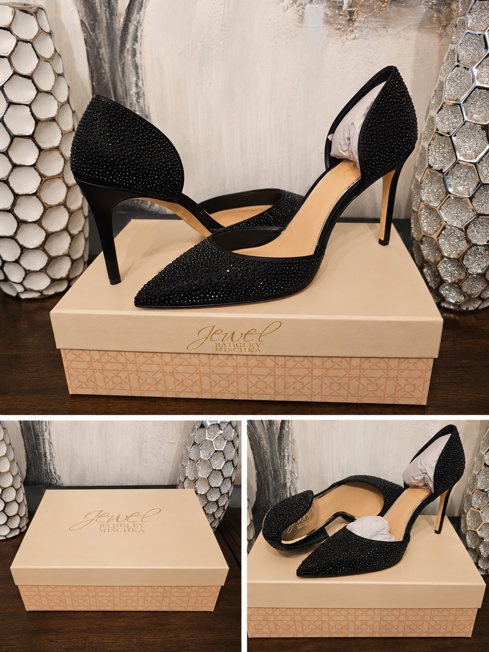 Jewel Badgley Mischka Black Crystal D'Orsay Pointed Toe Pumps